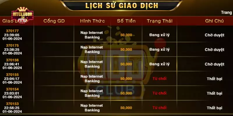 Bảng ghi chép lịch sử giao dịch