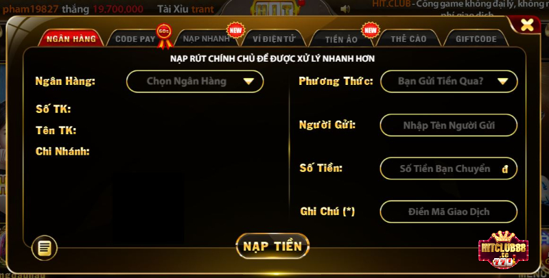 Nạp tiền lần đầu tại cổng game Hit Club